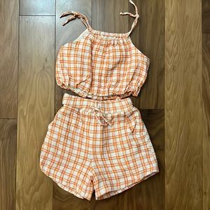 Zara girls 2 piece set, orange pink & cream plaid, size 8